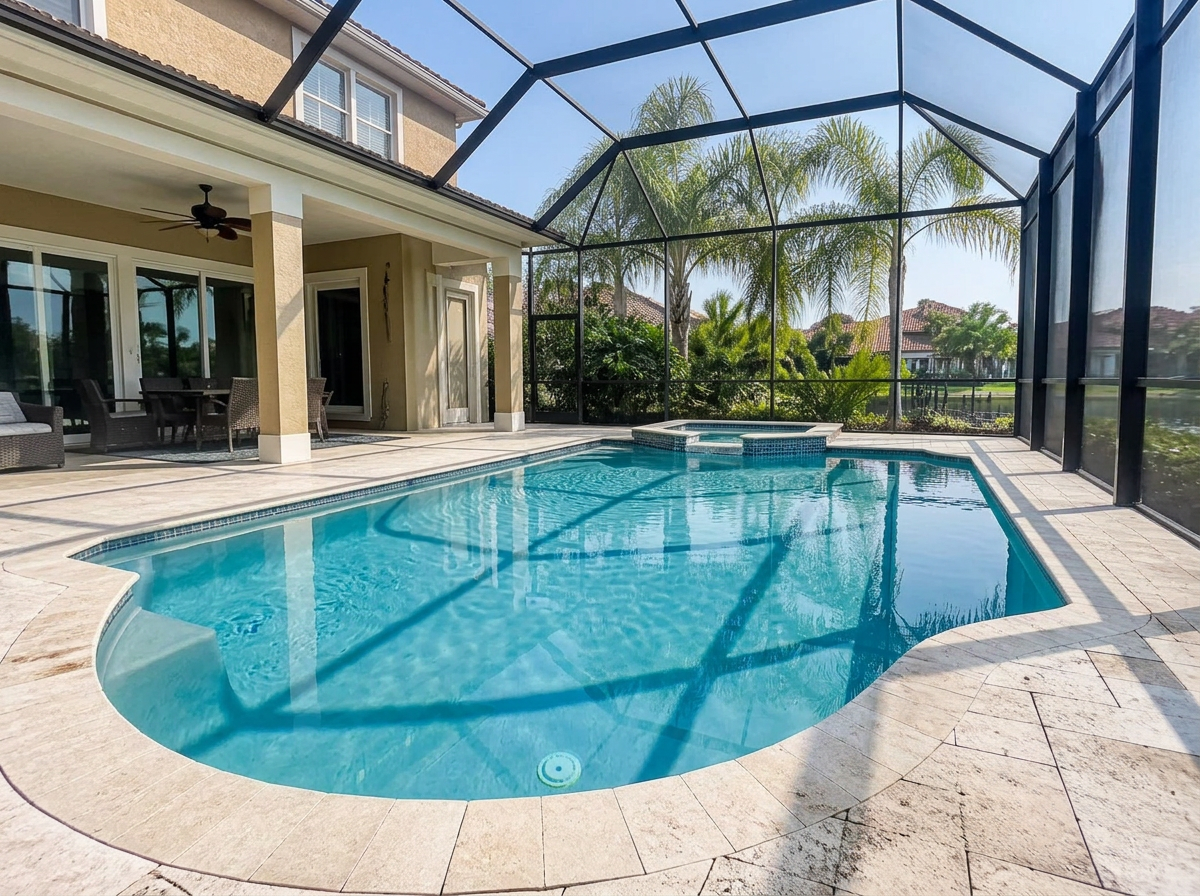 Same pool with clear blue water after green-to-clean service