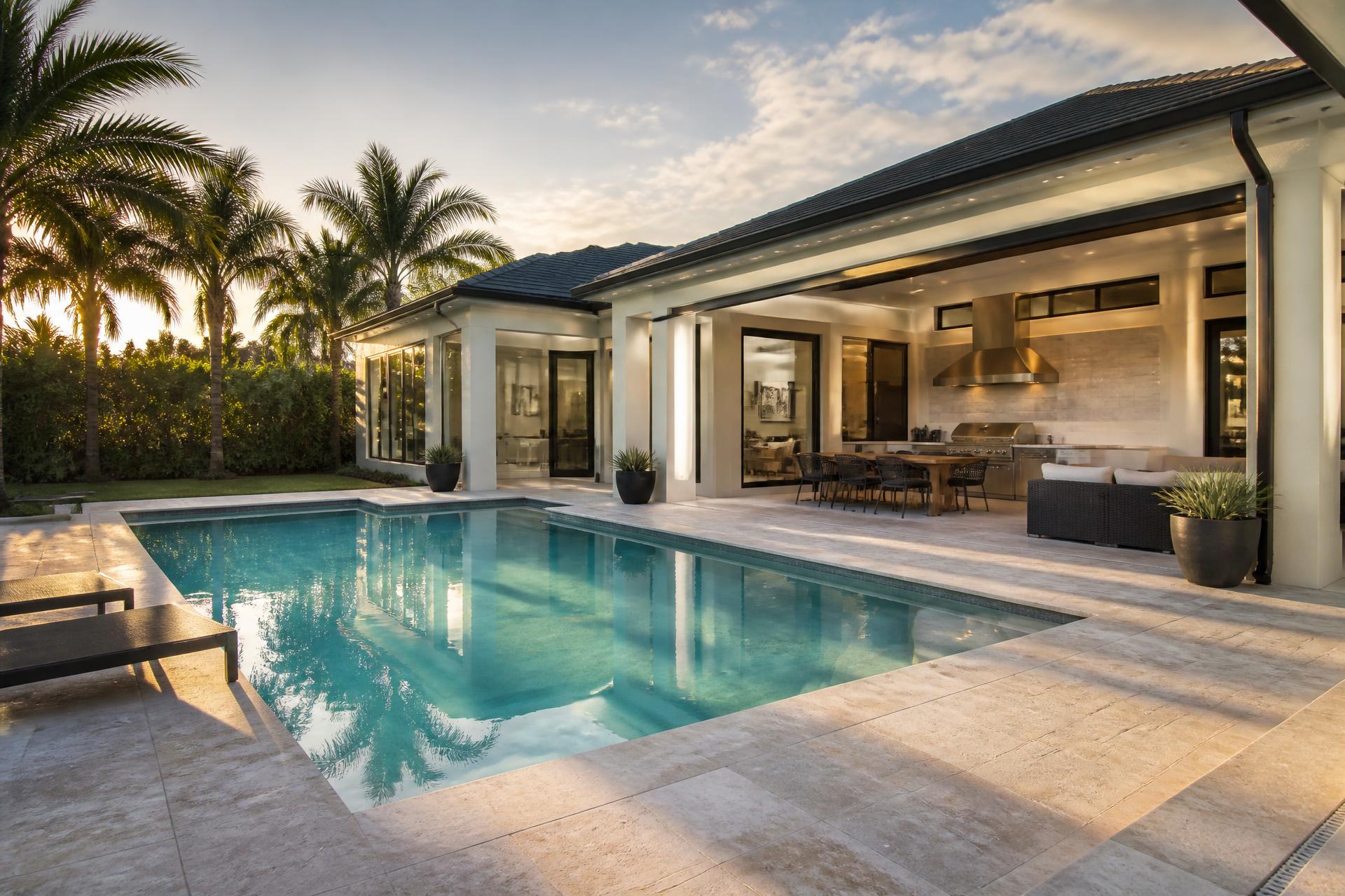 Luxury Central Florida backyard with an immaculate pool and covered outdoor living area
