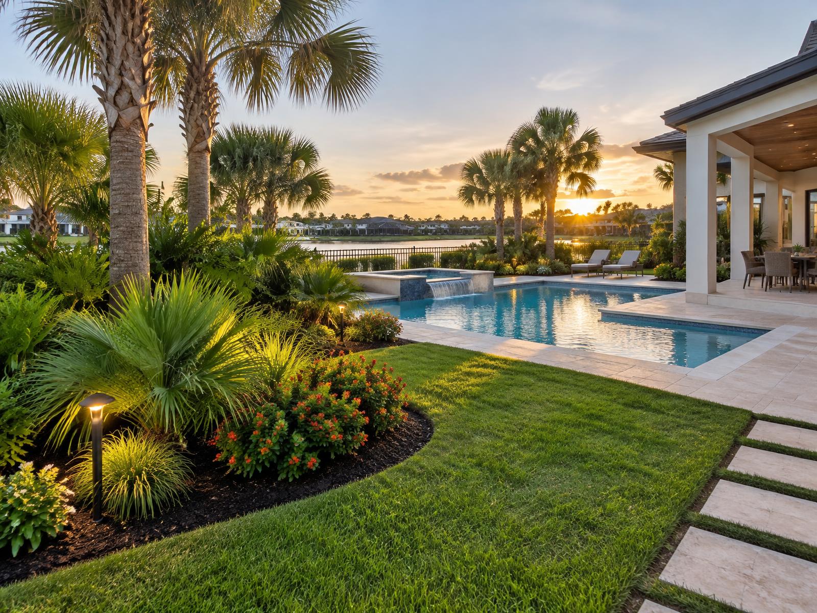 Professionally landscaped Central Florida backyard with palms, planting beds, lawn and pool