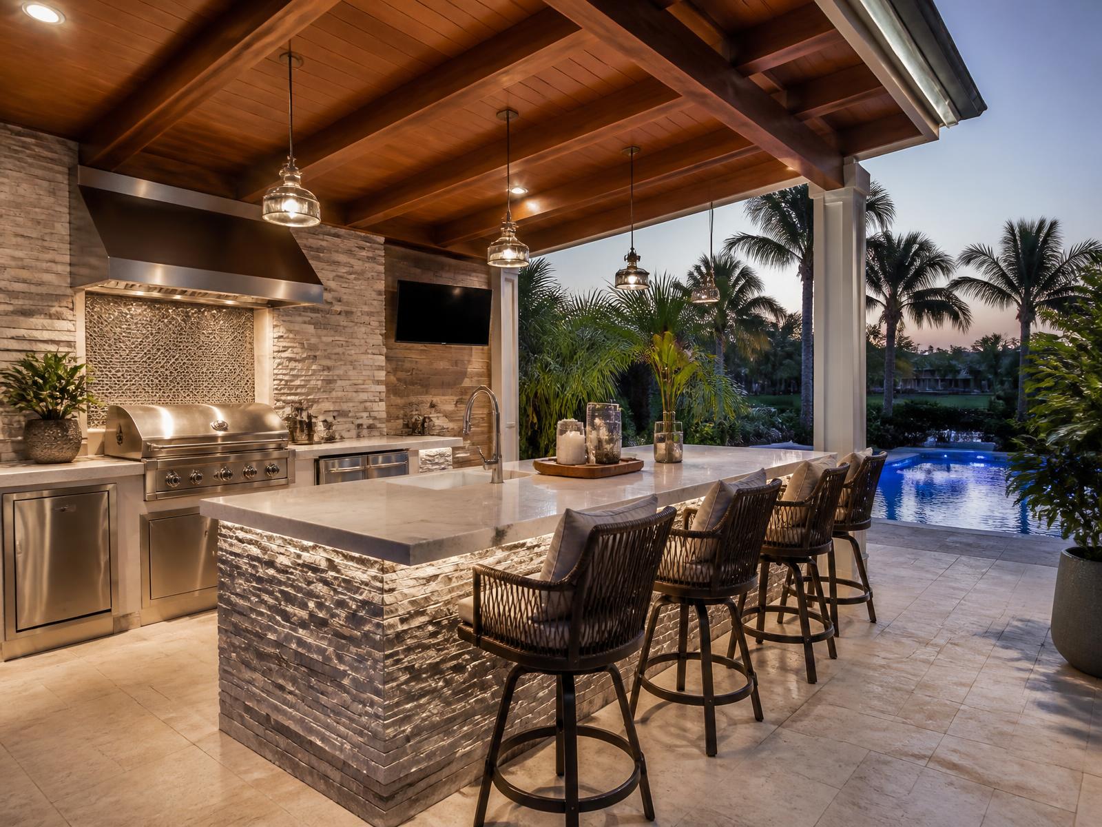 Custom outdoor kitchen with stone island and bar seating