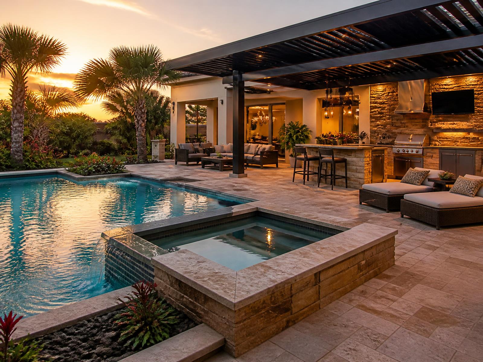 Florida backyard at dusk with outdoor kitchen, pergola, fire pit and glowing pool