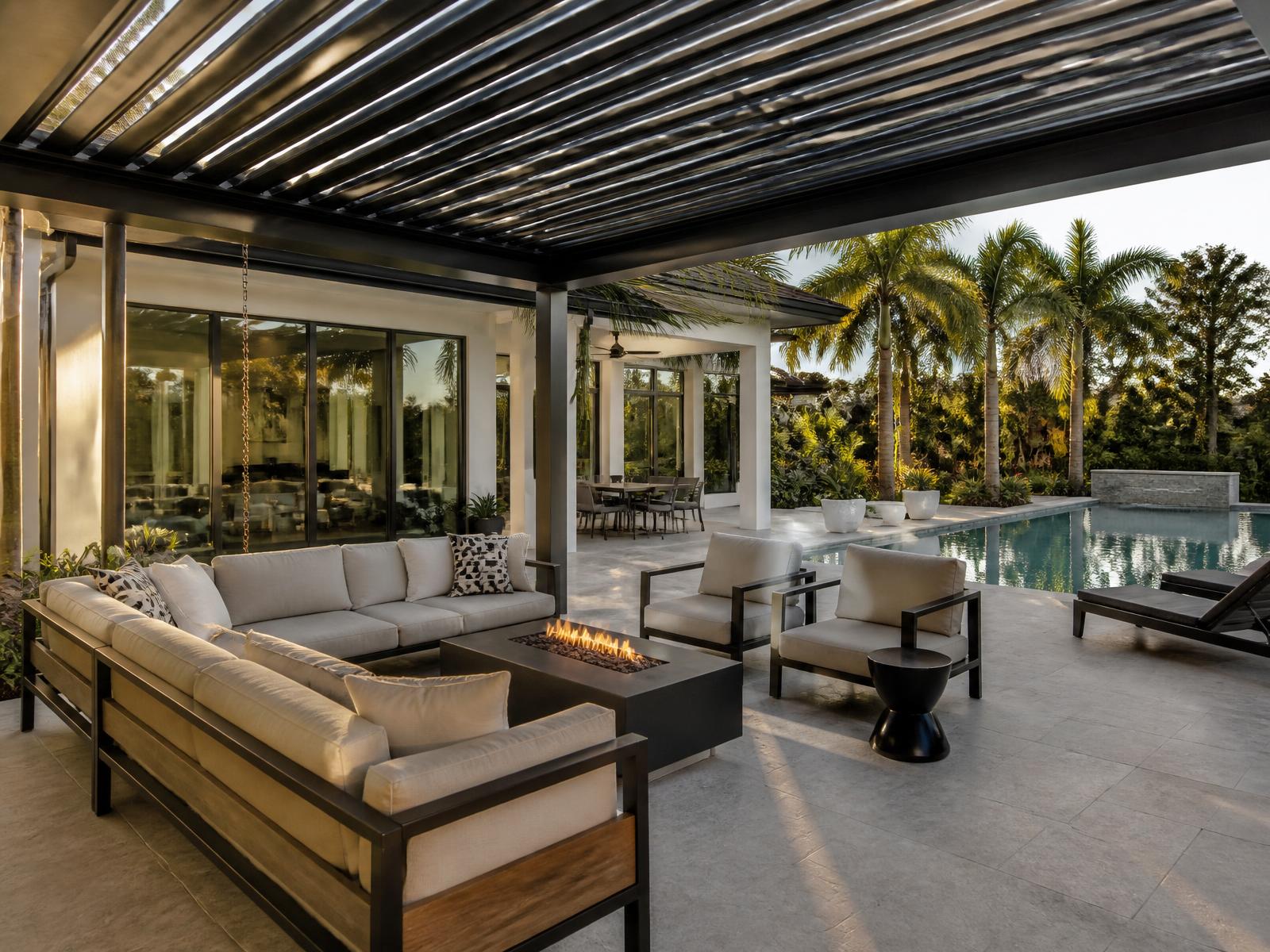 Modern louvered pergola with fire table beside a resort-style pool